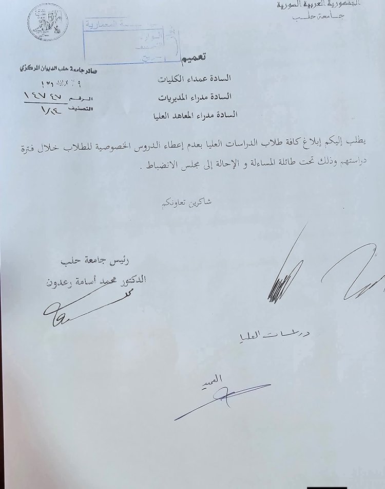 قرار من رئاسة جامعة حلب || إبلاغ كافة طلاب الدراسات العليا بعدم إعطاء الدروس الخصوصية