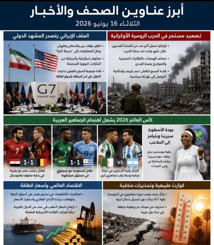 أبرز عناوين الصحف والأخبار – الثلاثاء 16 يونيو 2026
